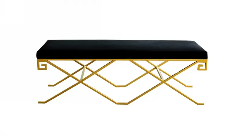 Rectangular Modern Black Velvet Bench with Champagne Gold Steel Frame By Homeroots