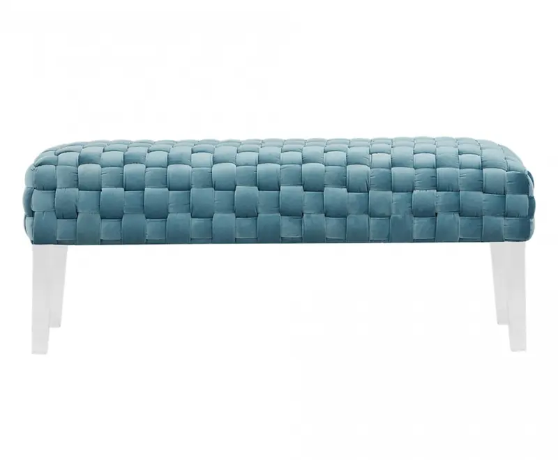 Rectangular Modern Light Teal Textured Velvet Bench with acrylic legs By Homeroots