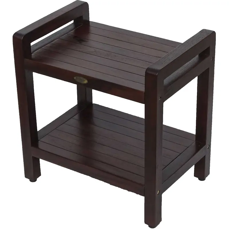 Rectangular Teak Shower Bench with Handles in Brown Finish By Homeroots