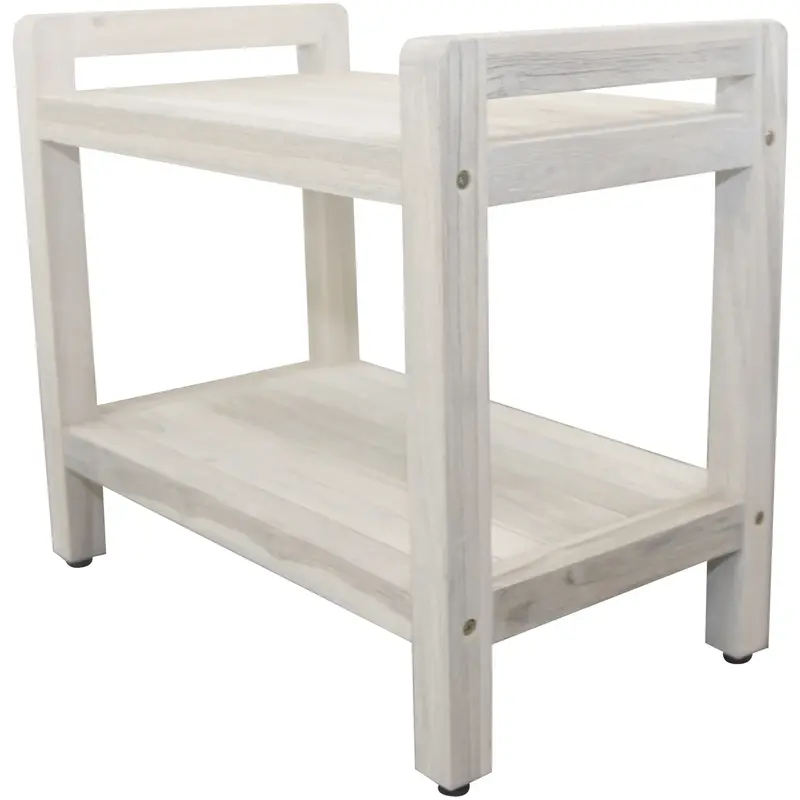 Rectangular Teak Shower Bench with Shelf and Handles in White Finish By Homeroots