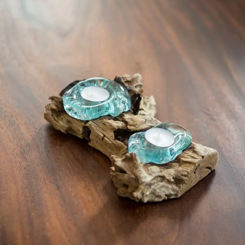 Recycled Glass Candle Holder with Coffee Tree Root - Double Set of 4 By Garden Age Supply