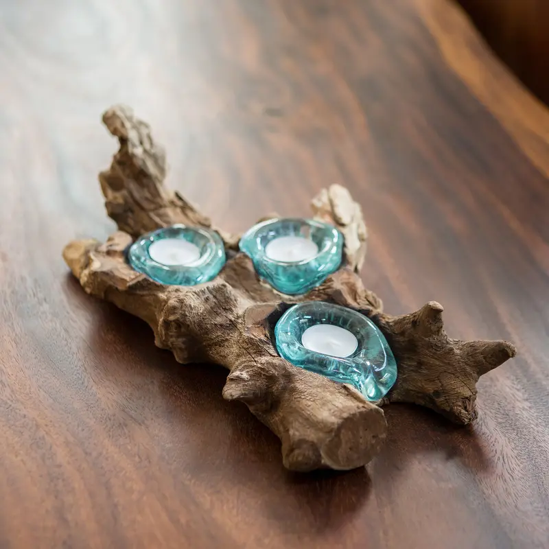 Recycled Glass Candle Holder with Coffee Tree Root - Triple Set of 4 By Garden Age Supply