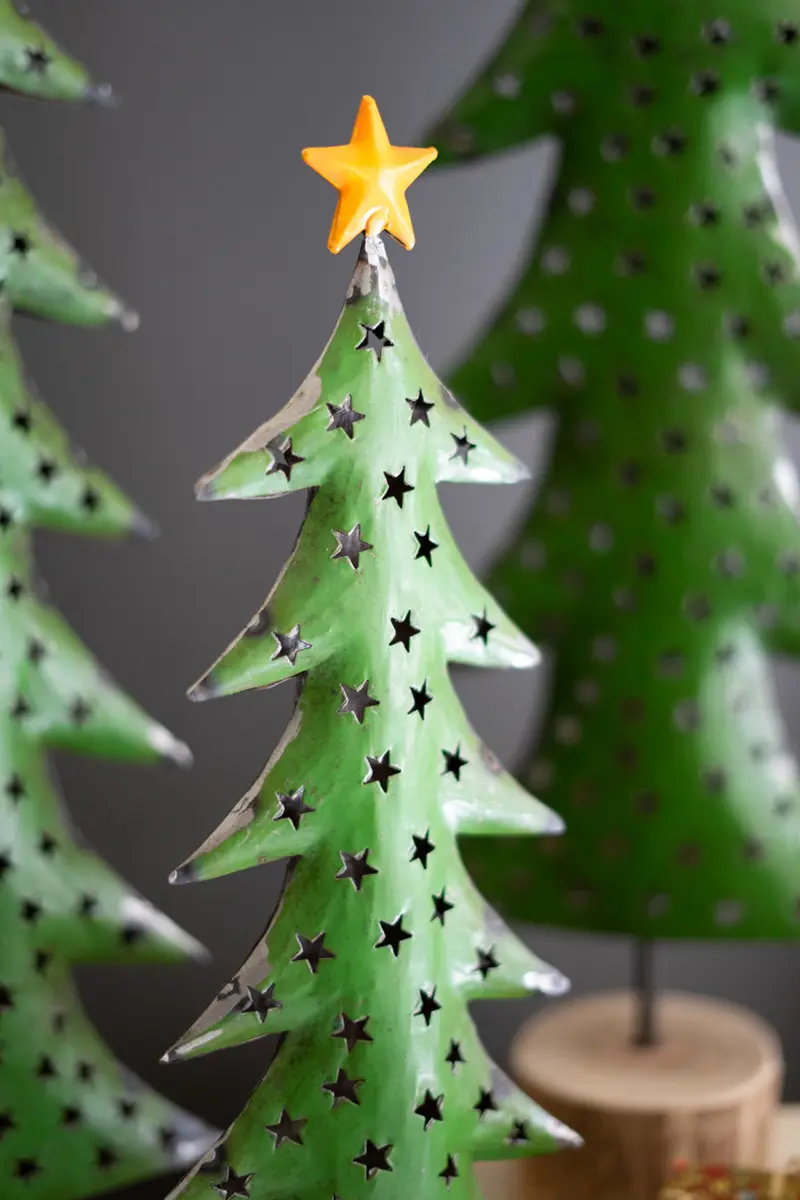Recycled Iron Christmas Trees On Wood Bases Set Of 3 By Kalalou