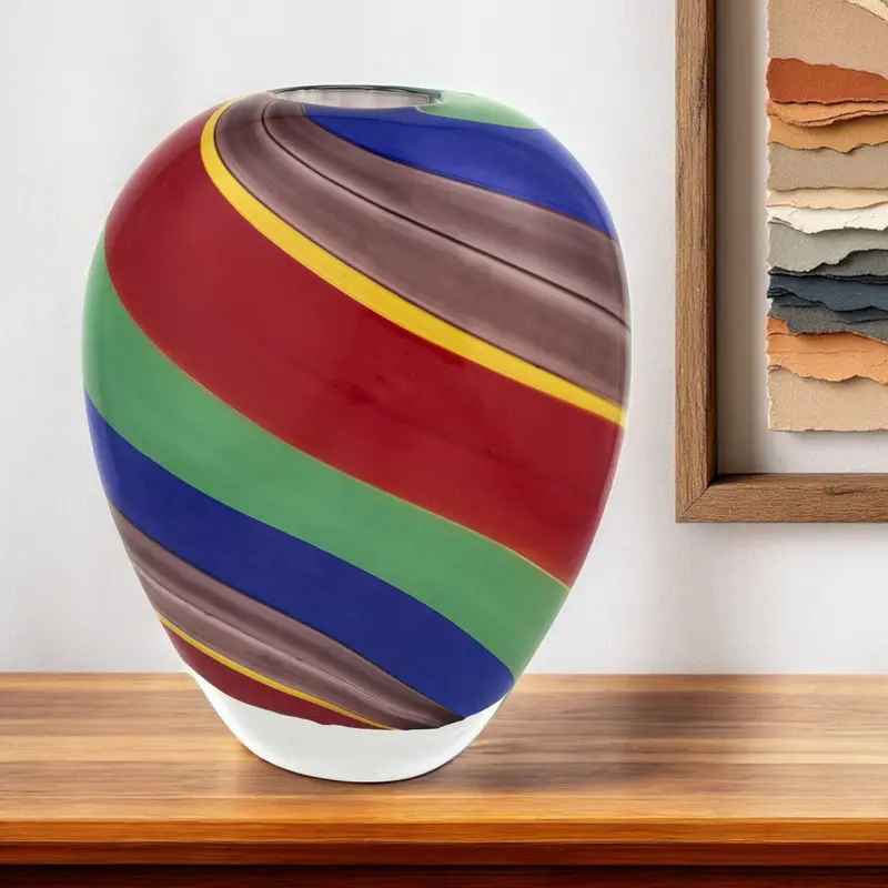 Red Blue and Green Striped Round Glass Table Vase By Homeroots