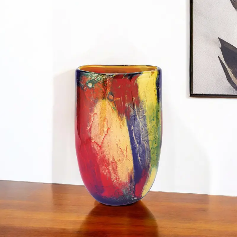Red Purple And Yellow Abstract Oval Murano Glass Table Vase By Homeroots