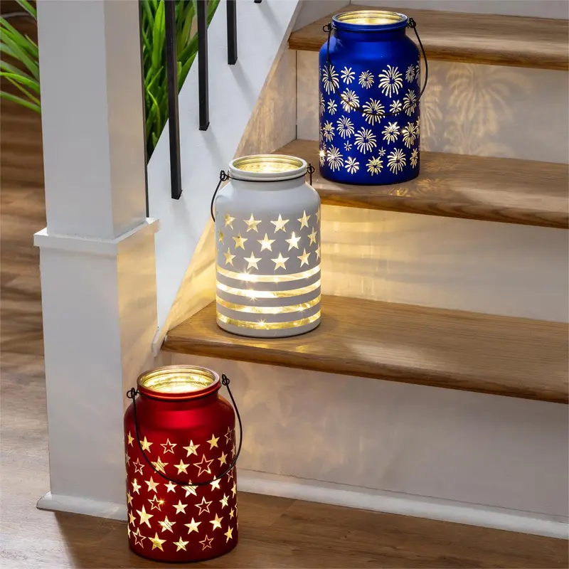 Red, White, & Bloom LED Table Decor Glass Lantern Patriotic Program, Asst of 3, 10"H