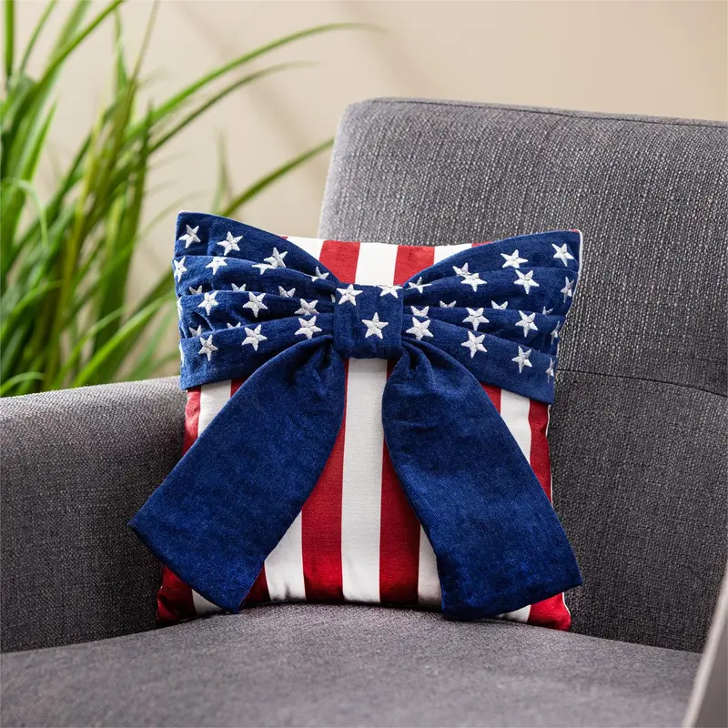 Red, White, & Bloom Throw Pillow Square Patriotic Bow, 16"