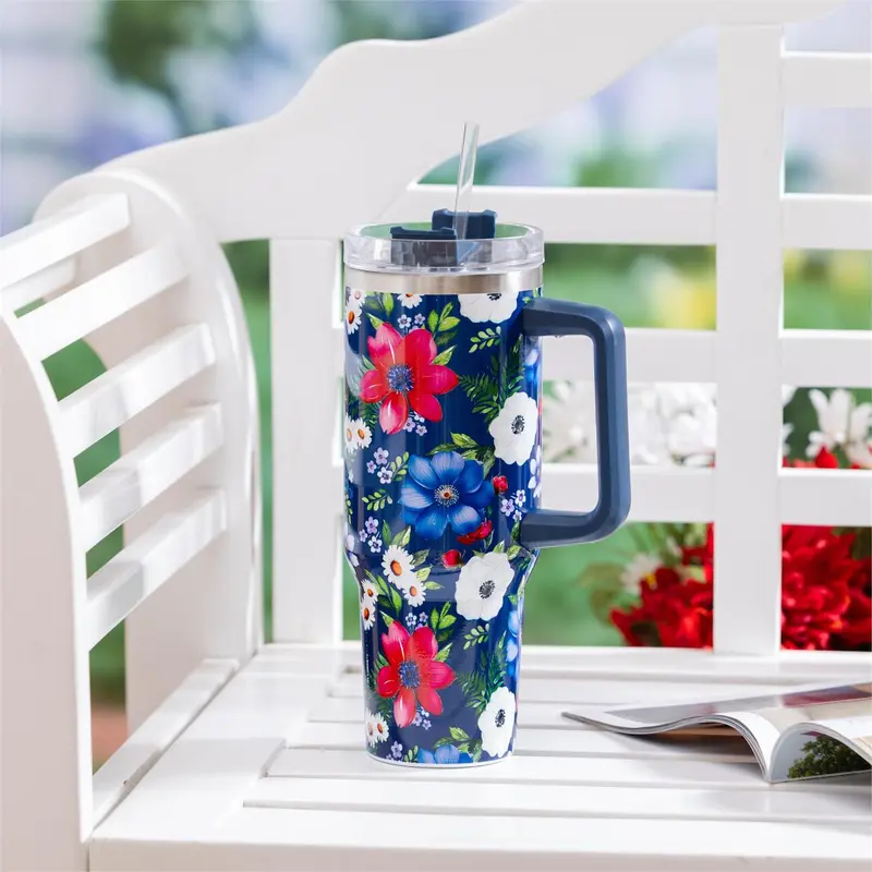 Red White & Bloom Tumbler Stainless Steel Canyon Cup with Straw, Floral Blooms, 40oz, Window Box