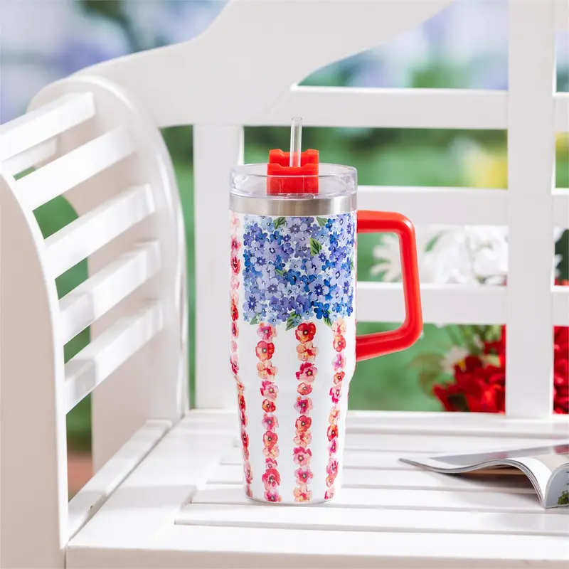 Red White & Bloom Tumbler Stainless Steel Trenta Cup, Floral Flag, 30oz, Gift Box
