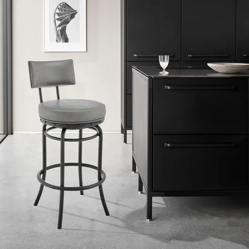 Rees Swivel Counter or Bar Stool in Black Finish with Grey Faux Leather By Armen Living