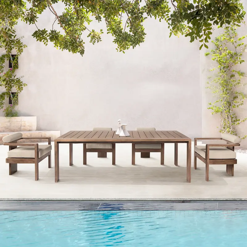 Relic Outdoor Patio 5 Piece Dining Set in Weathered Eucalyptus Wood with Taupe Olefin Cushions By Armen Living