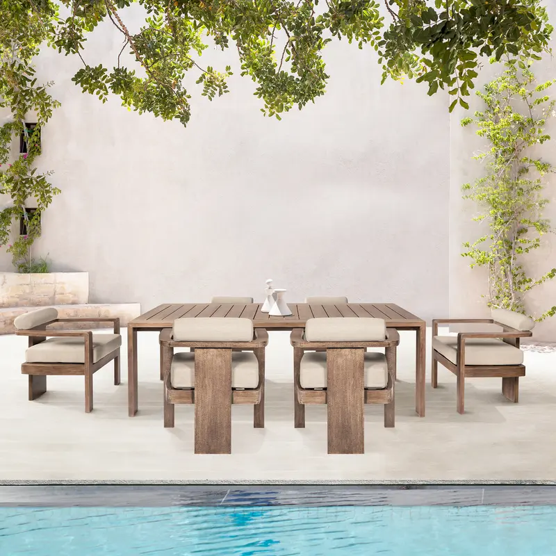 Relic Outdoor Patio 7 Piece Dining Set in Weathered Eucalyptus Wood with Taupe Olefin Cushions By Armen Living