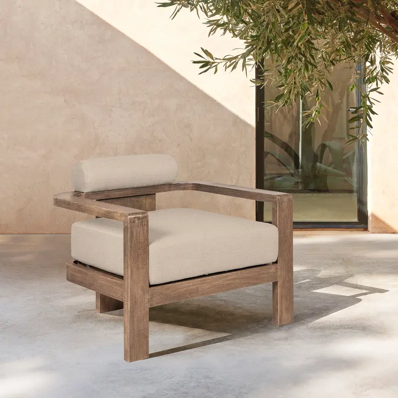 Relic Outdoor Patio Chair in Weathered Eucalyptus Wood with Taupe Olefin Cushions By Armen Living