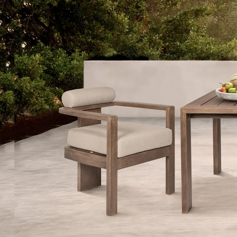 Relic Outdoor Patio Dining Chair in Weathered Eucalyptus Wood with Taupe Olefin Cushions By Armen Living