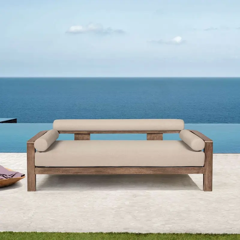 Relic Outdoor Patio Sofa in Weathered Eucalyptus Wood with Taupe Olefin Cushions By Armen Living