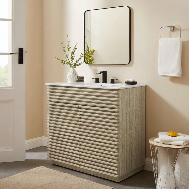 Render 36" Faux Travertine Bathroom Vanity Cabinet (Sink Not Included) by Modway