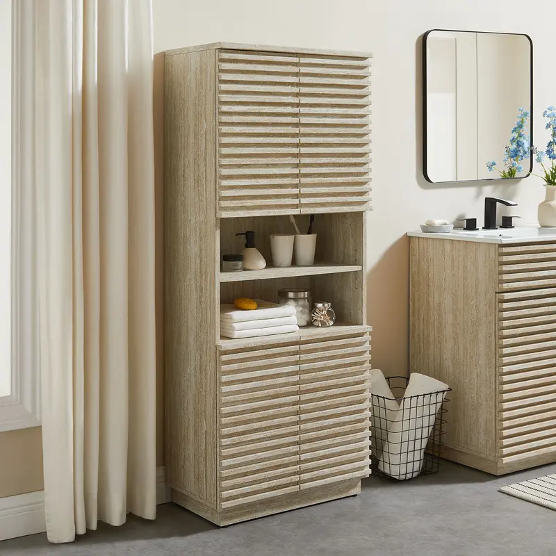 Render Tall Faux Travertine Linen Storage Cabinet by Modway