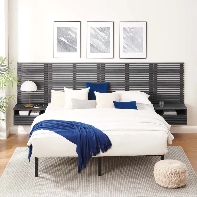 Render Wall Mount King Headboard and Modern Nightstands By Modway - MOD-7117