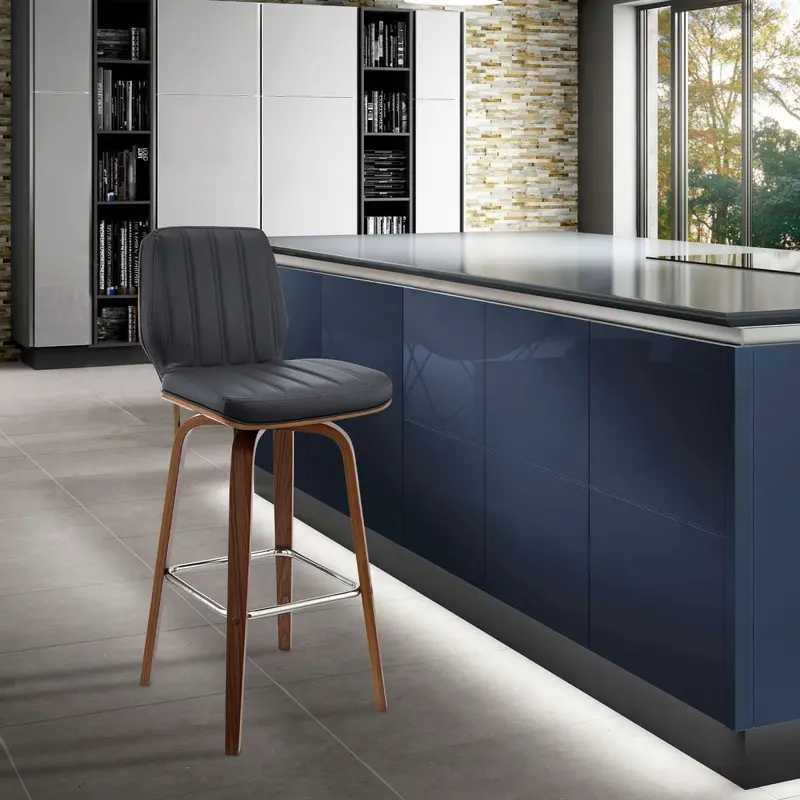 Renee 26" Swivel Grey Faux Leather and Walnut Wood Bar Stool By Armen Living
