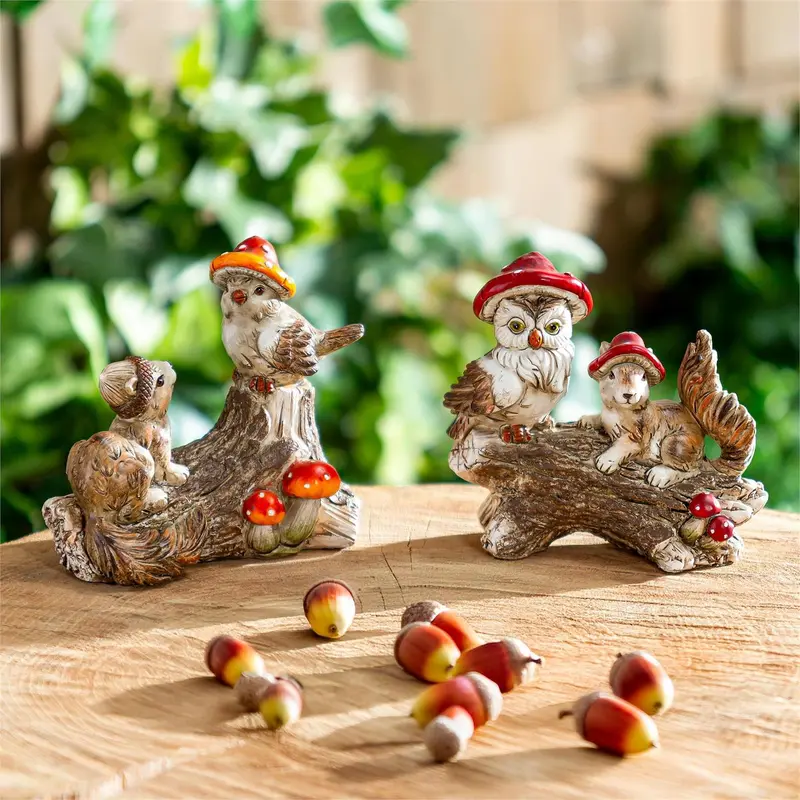 Resin Mushroom Animals Statue, 5"H