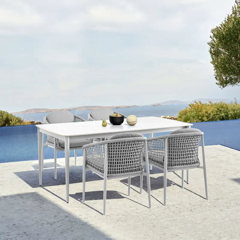Rhodes Outdoor Patio 5 Piece Dining Set in Aluminum with Sintered Stone and Gray Cushions By Armen Living