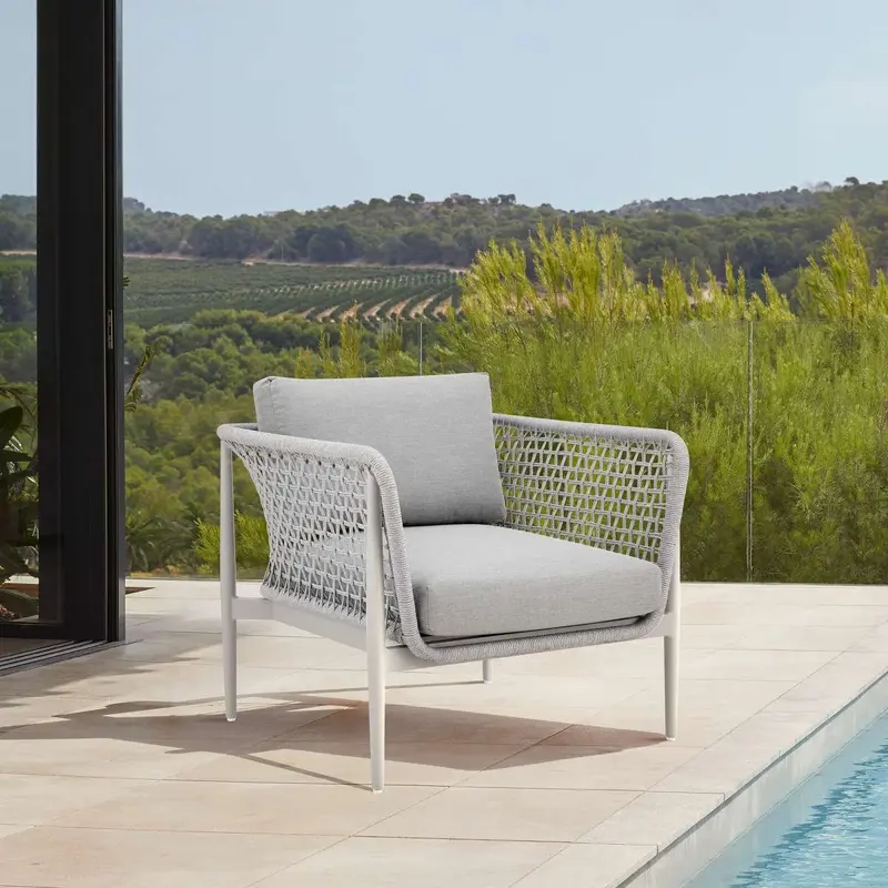 Rhodes Outdoor Patio Armchair in Aluminum with Light Gray Rope and Cushions By Armen Living