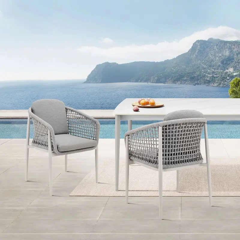 Rhodes Outdoor Patio Dining Chair in Aluminum with Light Gray Rope and Cushions - Set of 2 By Armen Living