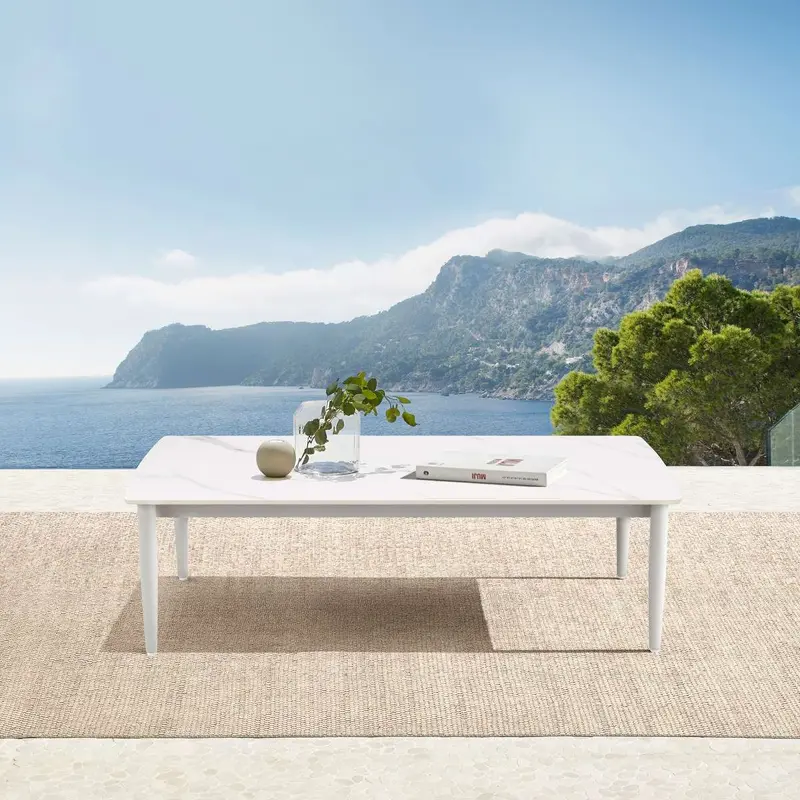 Rhodes Outdoor Patio Rectangular Coffee Table in Snowy Sintered Stone and Porcelain Finish By Armen Living
