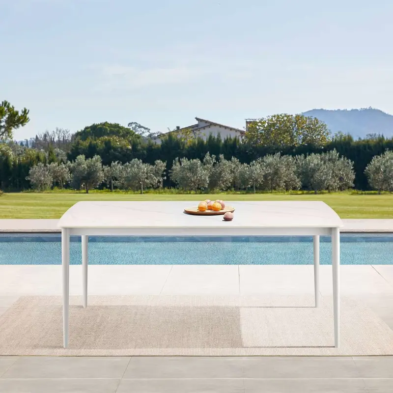 Rhodes Outdoor Patio Rectangular Dining Table in Snowy Sintered Stone and Porcelain Finish By Armen Living