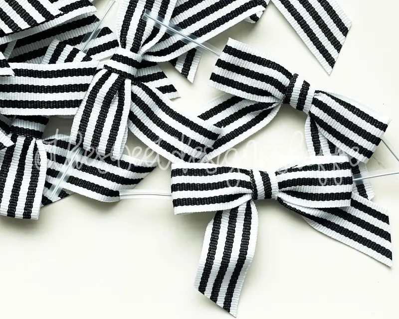 Ribbon Bow with Twist Tie - Black & White Stripes Grosgrain - (50 Bows Pack)