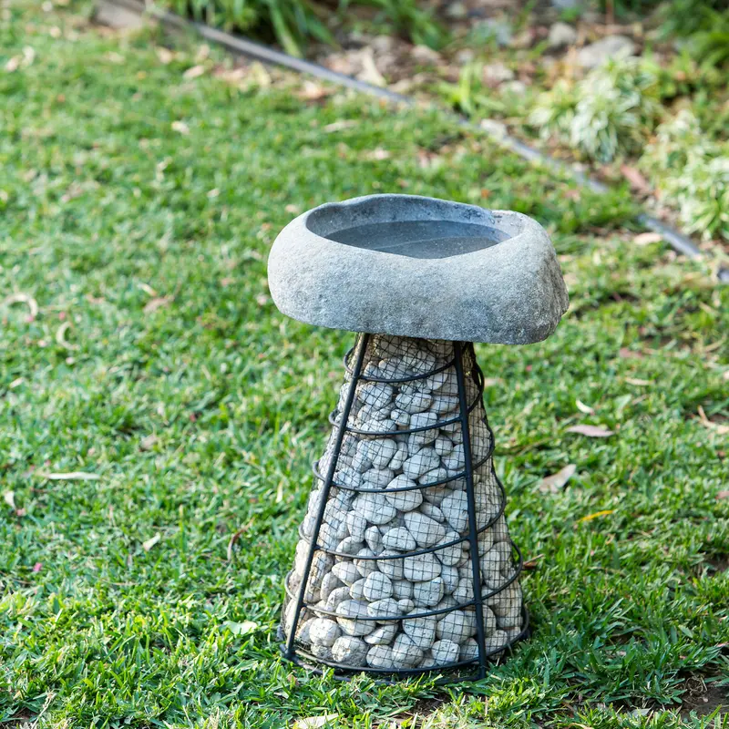 River Stone Birdbath on Stone Tower By Garden Age Supply