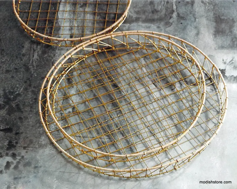 Roost Gio Brass Wire & Rattan Baskets - Round - Set of 3