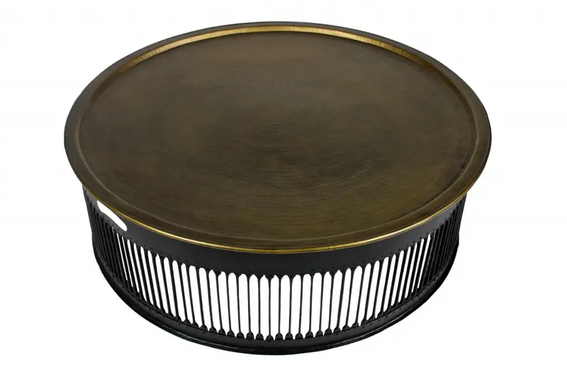 Round Black Drum Shaped Brass Coffee Table By Homeroots