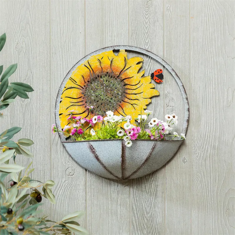 Round Metal Wall Planter with Icon, Sunflower