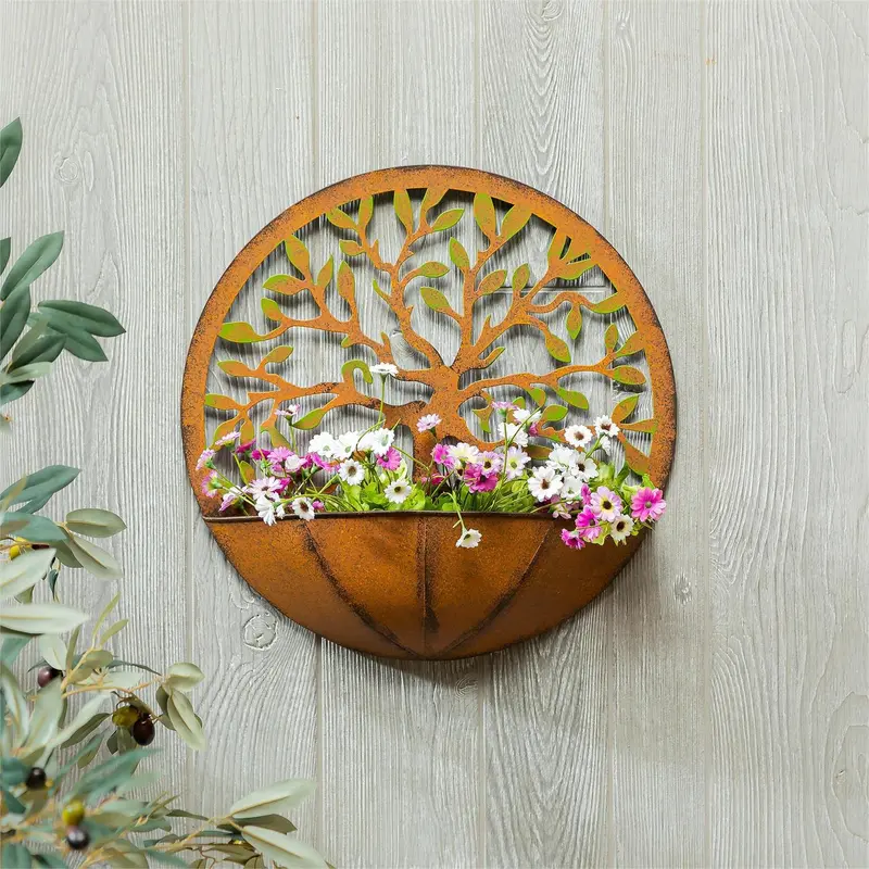 Round Metal Wall Planter with Icon, Tree of Life