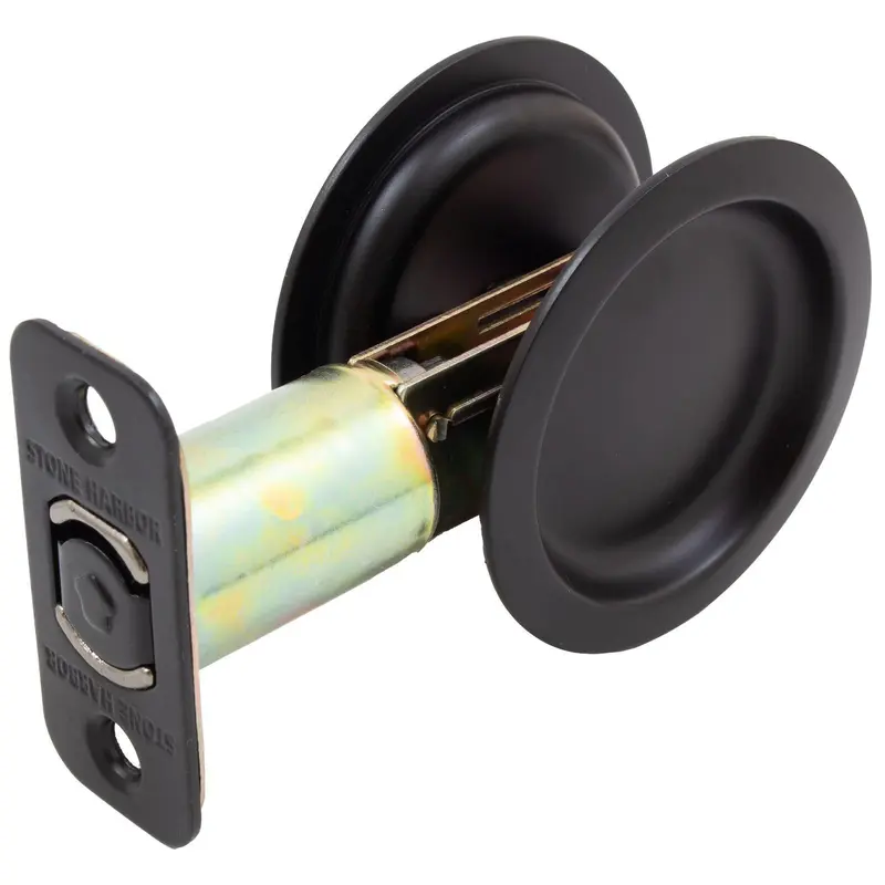 Round Pocket Door Lock, Passage (Hall/Closet) Latch, 2-3/4 inch Backset, RCL, Matte Black by Stone Harbor Hardware (C) - Open Box