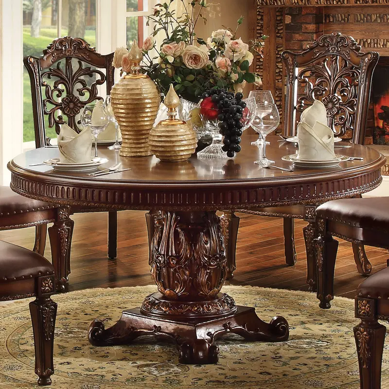 Round Wooden Top Dining Table With Single Carved Pedestal By Homeroots