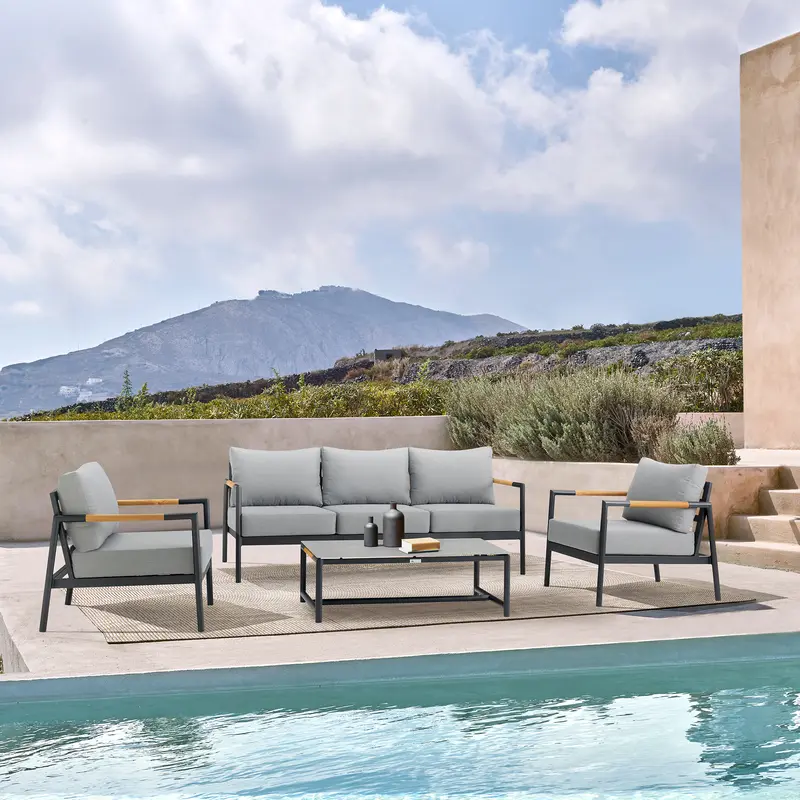 Royal 4 Piece Black Aluminum and Teak Outdoor Seating Set with Dark Gray Cushions By Armen Living