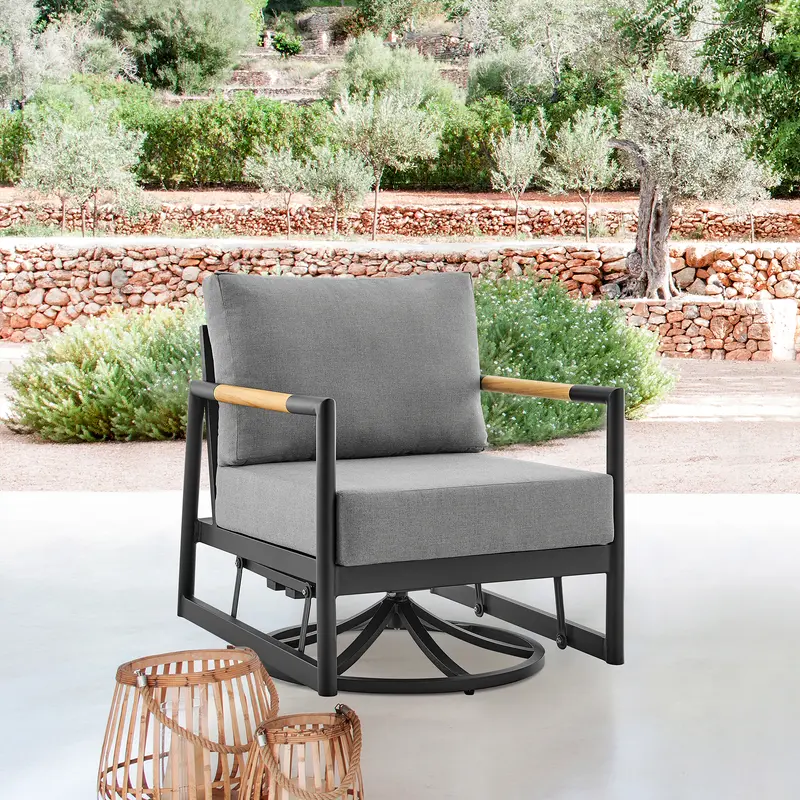 Royal Outdoor Patio Swivel Glider Lounge Chair in Black Aluminum and Teak Wood with Cushions By Armen Living