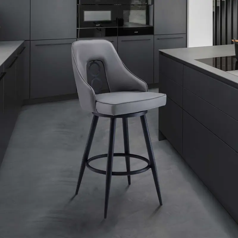 Ruby 30" Bar Height Swivel Grey Faux Leather and Black Metal Bar Stool By Armen Living