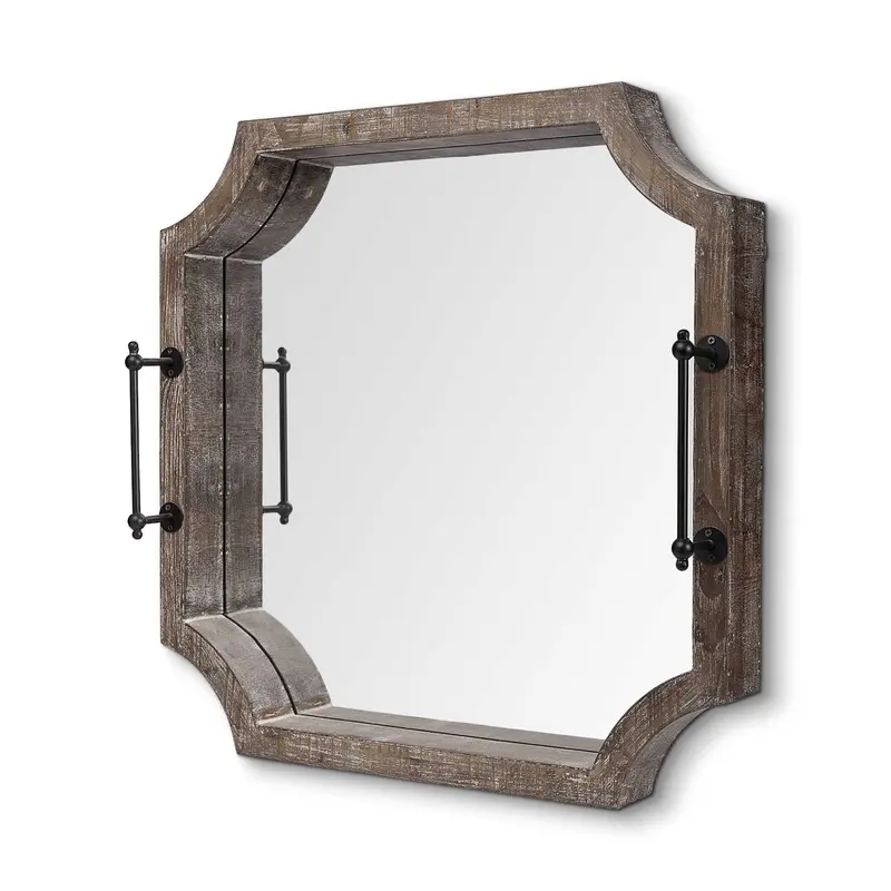 Rustic Antique Wash Finish Wood With Mirrored Glass Bottom And Metal Handle Tray By Homeroots