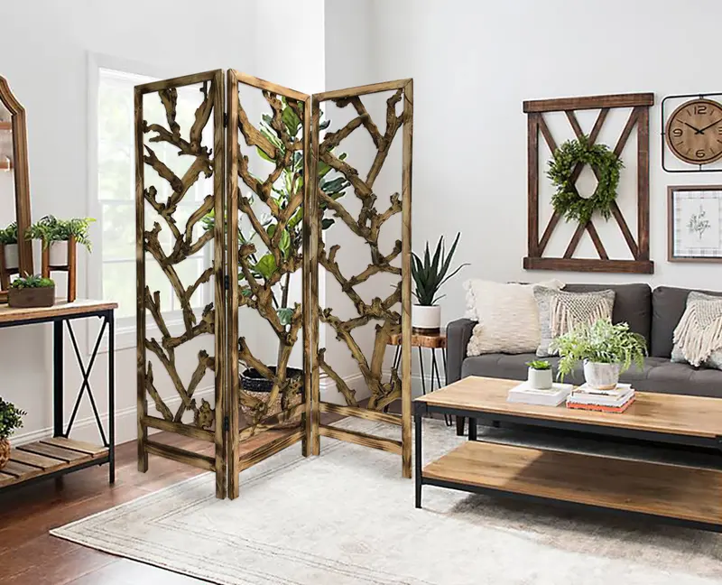 Rustic Earthy Wood Root Three Panel Room Divider Screen By Homeroots