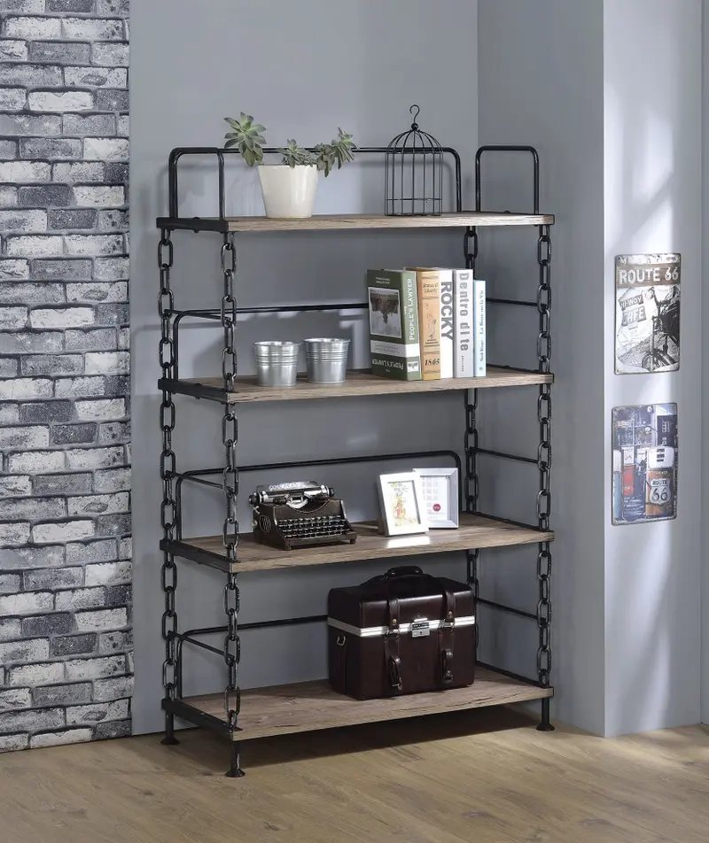 Rustic Oak And Antique Black Particle Board Bookshelf By Homeroots