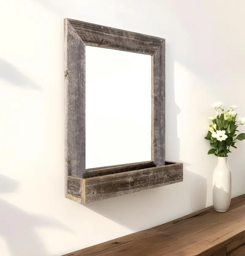 Rustic Weathered Gray Reclaimed Wood Plank Mirror With Shelf By Homeroots