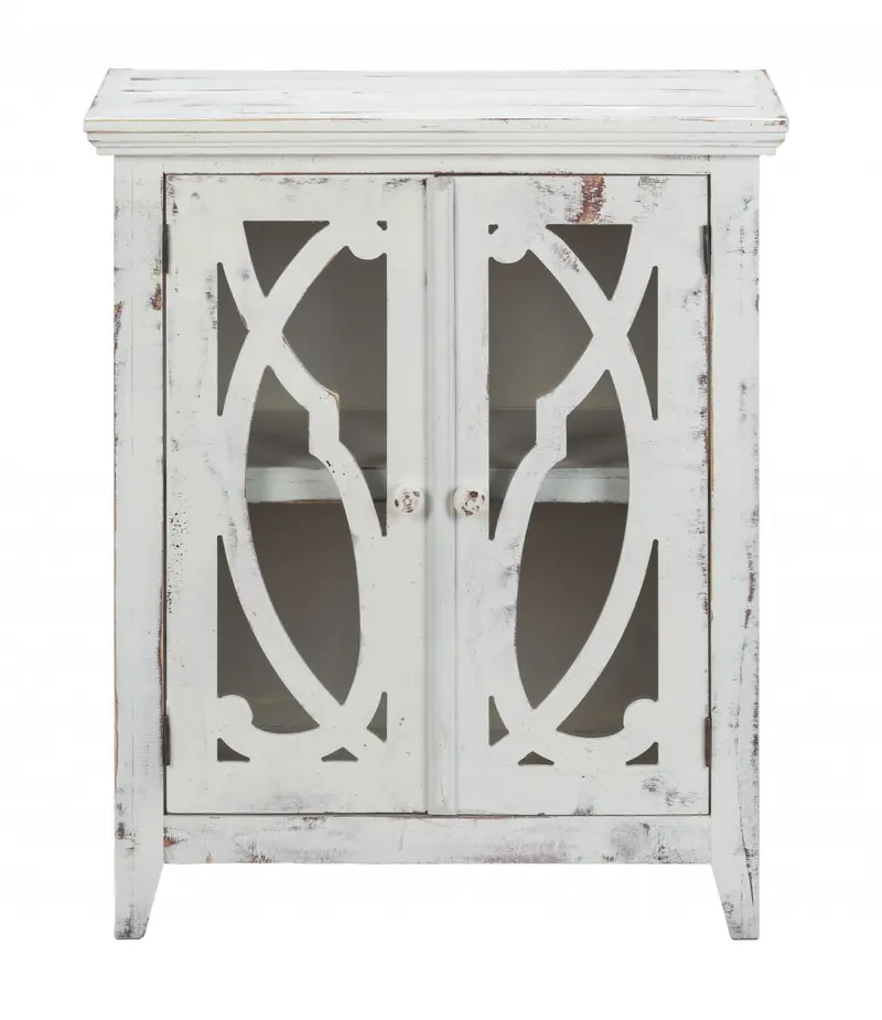 Rustic White Wood And Glass Scrollwork Accent Cabinet By Homeroots