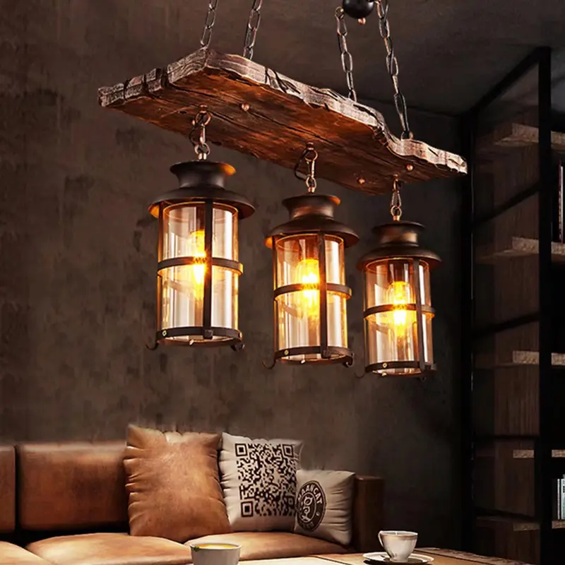 Rustic Wood and Metal Three Light Hanging Lantern Chandelier By Homeroots