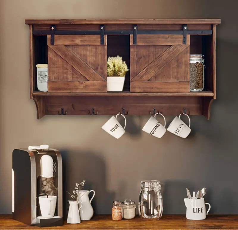 Rustic Wooden Shelf with Barn Door Storage and Hooks By Homeroots