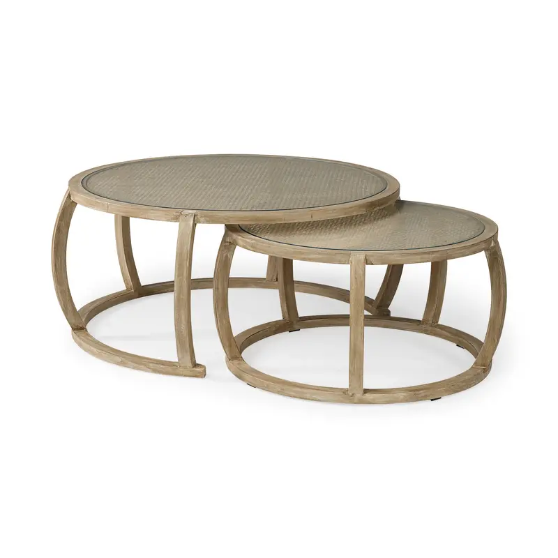S2 41.5' Round Woven Cane Glass Top and Solid Wood Coffee Tables By Homeroots