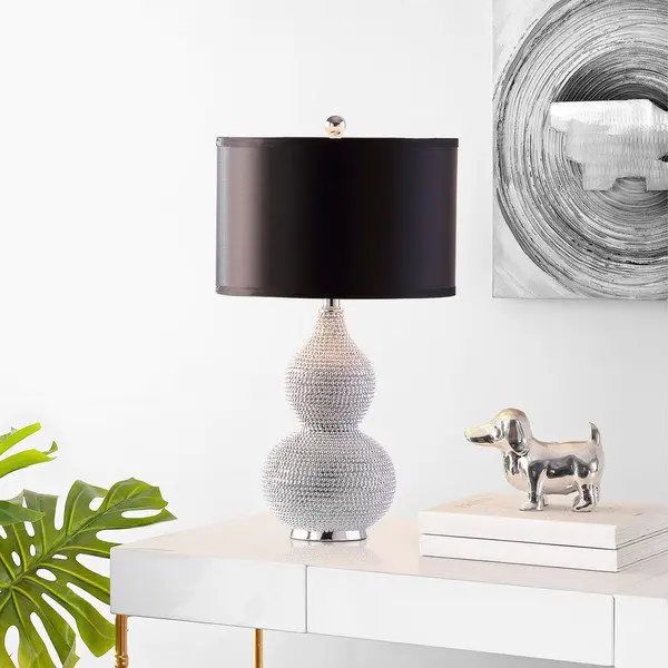 Safavieh Nicole, 24.5 Inch, Silver, Resin/Iron Table Lamp Set Of 2 W/ Usb Port ‰ÛÒ Black Shades? Set Of 2 - Silver