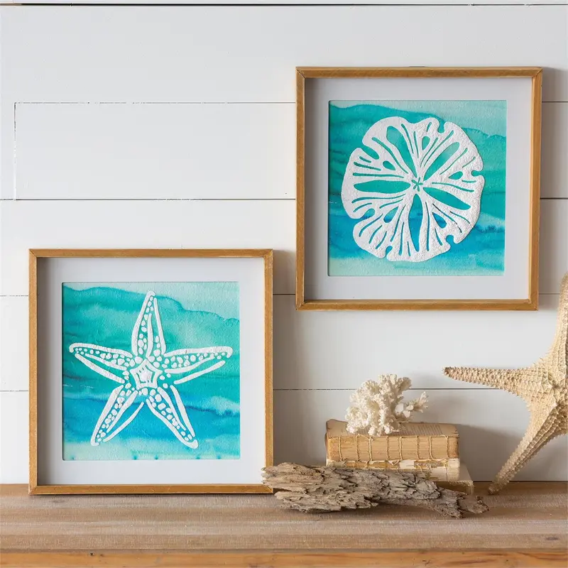Sand Dollar and Star Fish Paper Wood Frame Wall Art, Set of 2